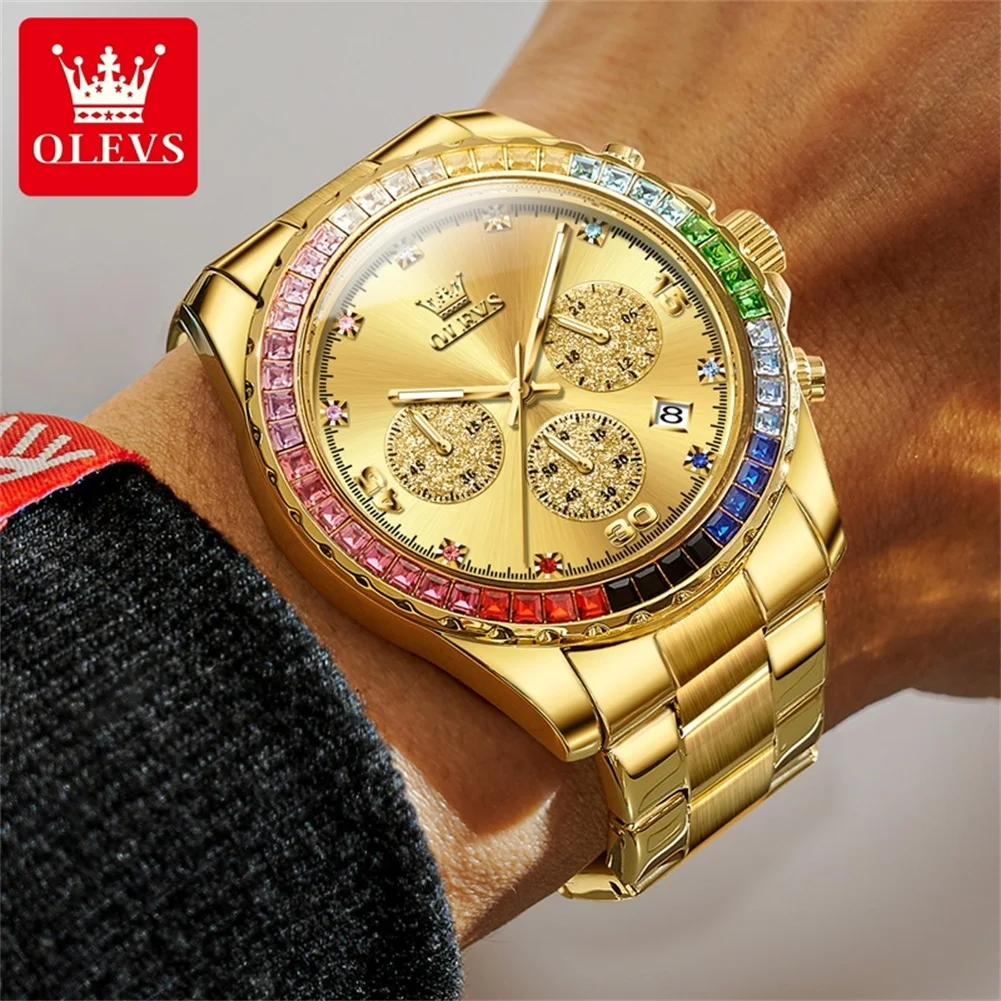 OLEVS 2939 Luxury Quartz Watch For Men Diamond Top Brand Waterproof Man Watch Chronograph Calendar Stainless Steel Hand Clock