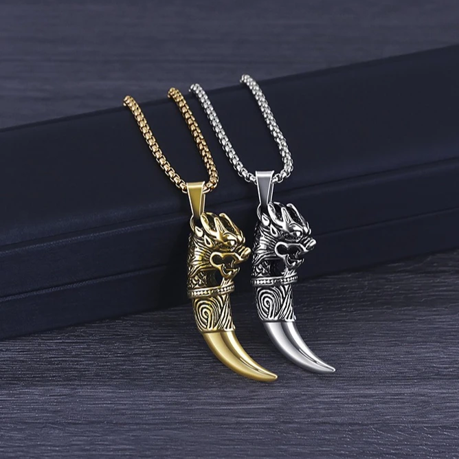 

Hip Hop Necklace Men's Trendy Titanium Steel Wolf Fang Pendant Premium Jewelry Niche Design Versatile Sweater Chain Accessories