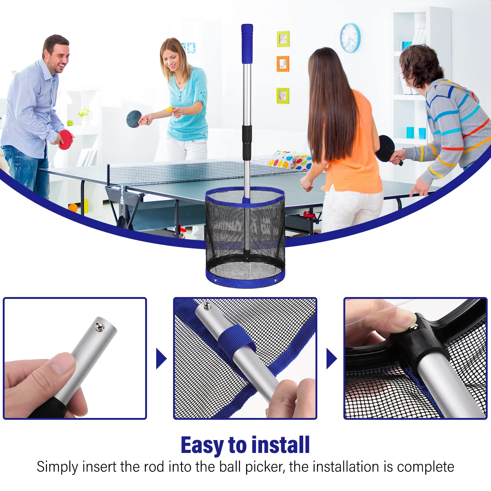 

Pong Catcher Adjustable Table Tennis Ball Picker Durable Rod Holds Up to 120 Balls Time-Saving Pong Picker Balls Collector