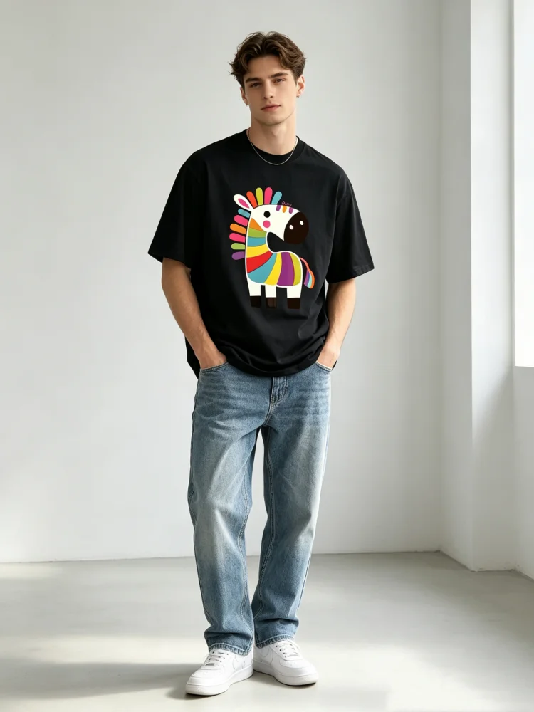 ZAZOMDE  Vintage Streetwear Men Oversized T-Shirt  Rainbow Zebra Cartoon Print Cotton Short Sleeve Tops Casual Daily Outfit Tees