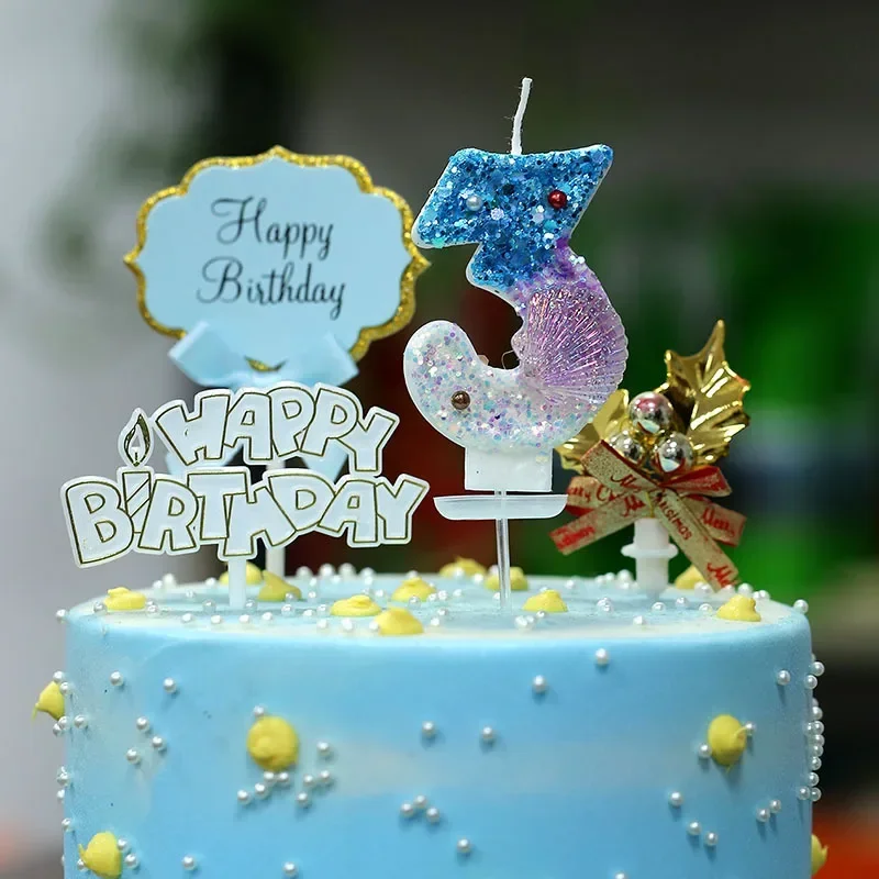 Mermaid Ocean Shell Digital Birthday Candles 0-9 Blue Purple Digital Cake Candles Underwater Theme Cake Decoration
