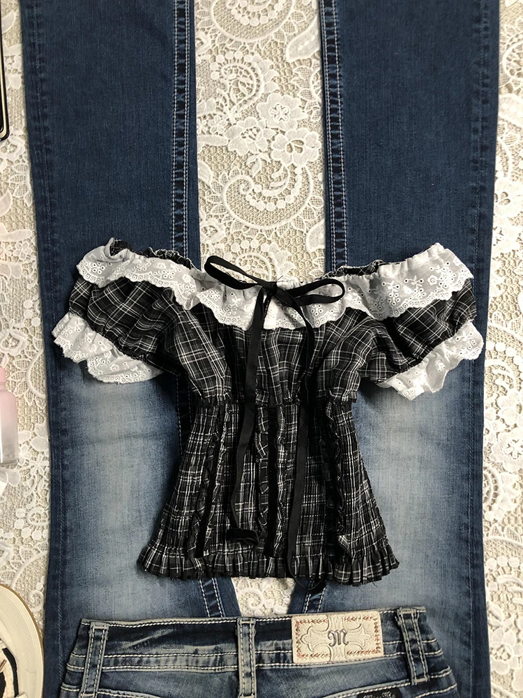 

Женская футболка в клетку Sweet Spotted ort Sve на одно плечо, оригинальная летняя футболка для похудения Fem Teens Faion из смеси хлопка