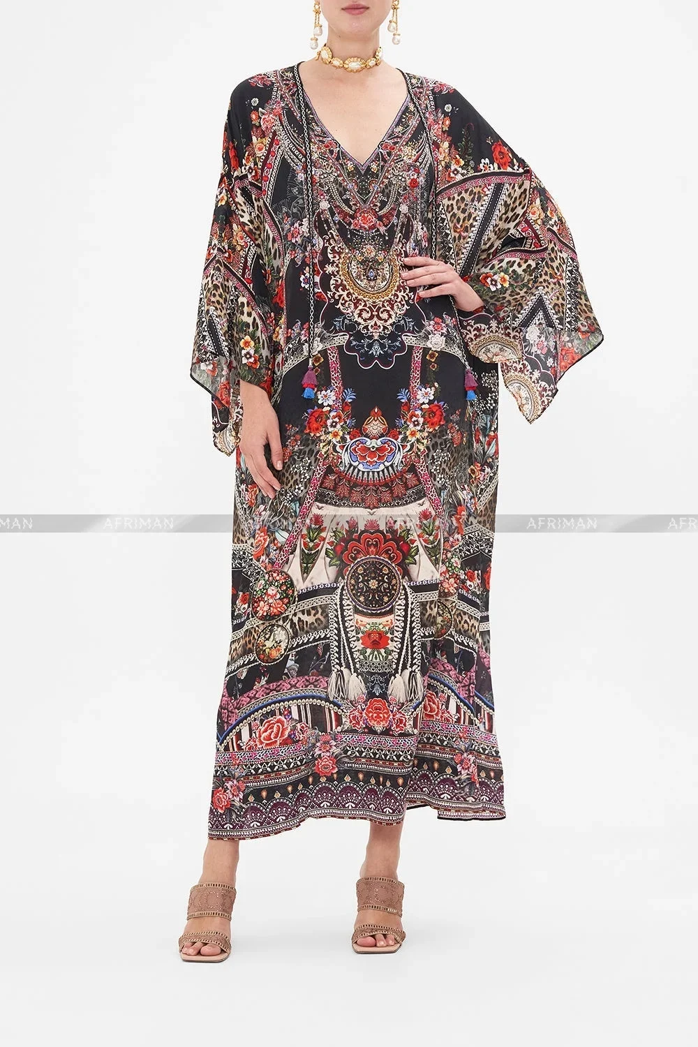 Women Retro V Neck Crystal Beaded Flare Sleeve Silk Print Loose Long Dress