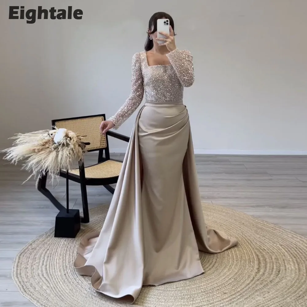 

Eightale Elegant Evening Dresses Mermaid Long Sleeves Sequined Pleats Prom Gown with Detachable Skirt Party Abendkleider