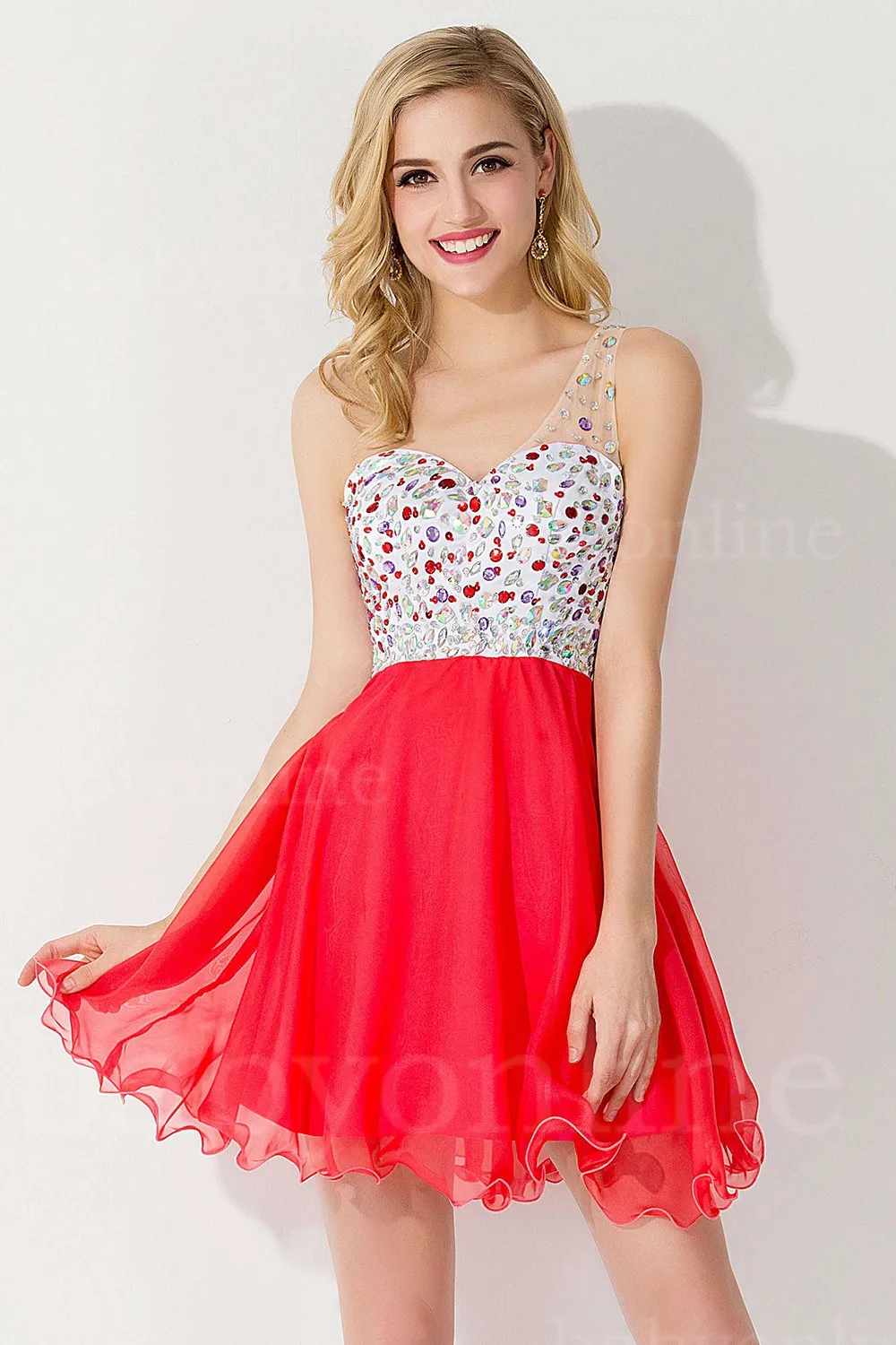 

BABYONLINE Short Beaded Evening Dresses Colorful Crystal One Shoulder Formal Cocktail Prom Gowns Homecoming Party CPS093