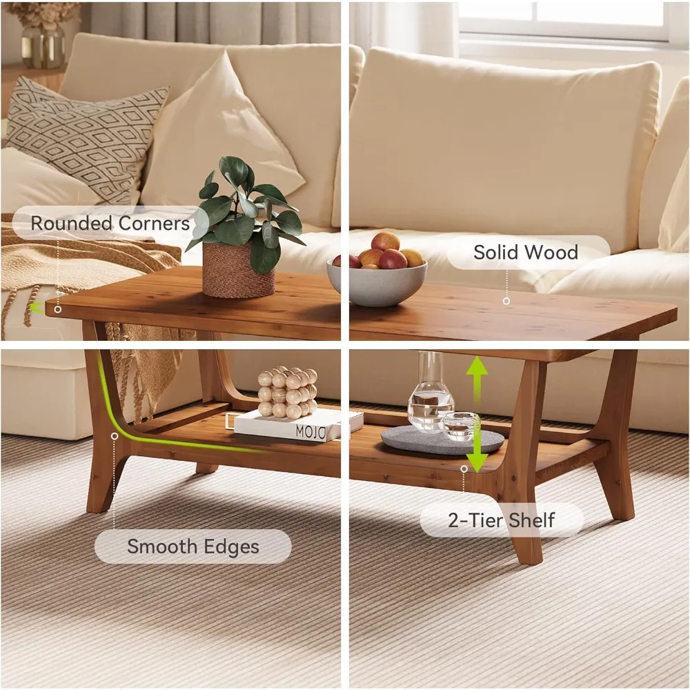 طاولة قهوة من الخشب الصلب، طاولة مركزية لغرفة المعيشة مقاس 47 بوصة مع رف، طبقتين، زوايا ناعمة، صديقة للأطفال، سهلة التجميع، Bro