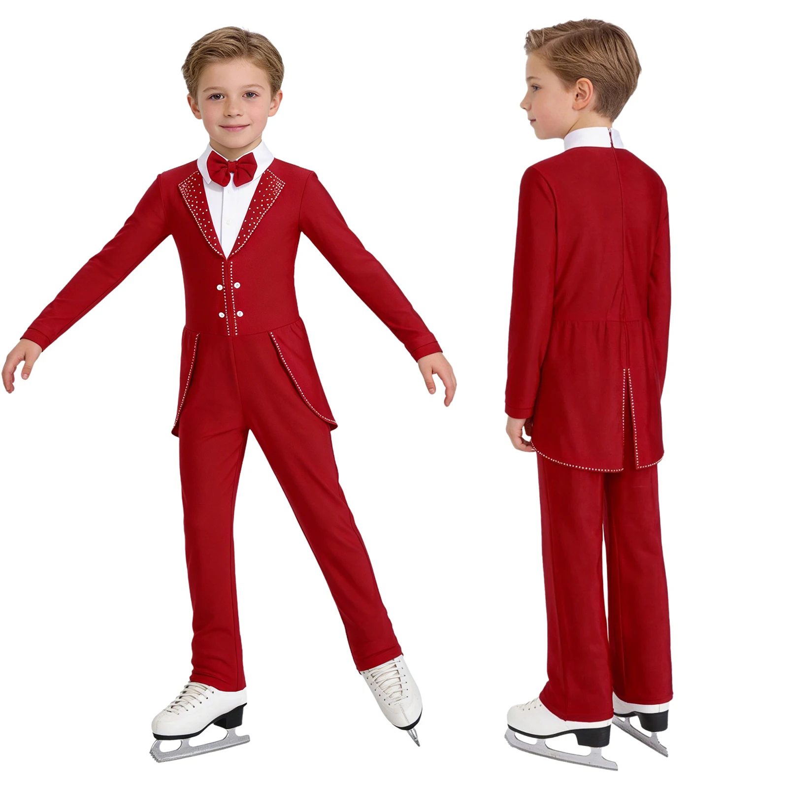 

Kids Boys Figure Skating Gymnastics Performance Costume Ballet Dance Leotard Bow Tie Lapel Long Sleeve Shiny Rhinestone Jumpsuit