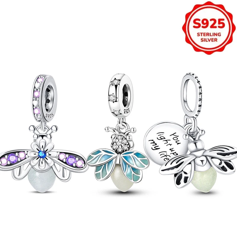 S925 Silver Luminous Firefly Dangle Charms, Crystal Enamel Glow In Dark Insect Pendant Beads Bracelet Romantic DIY Jewelry Gift