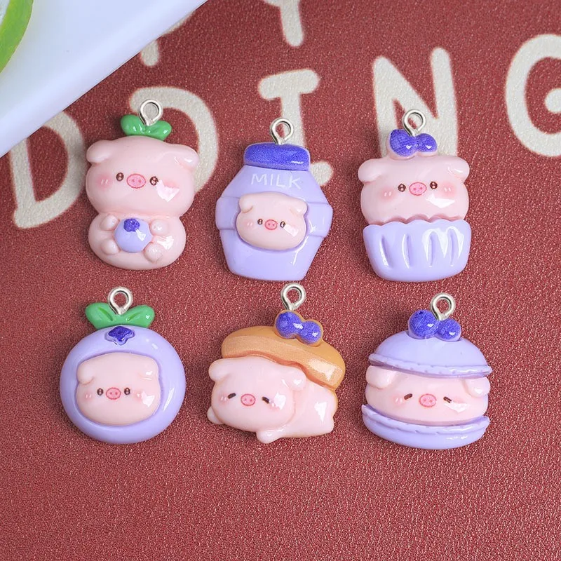 10Pcs Cartoon Blueberry Pig Resin Charms For Jewelry Making DIY Craft Supplies Decor Kawaii Keychain Accessories Jewelry Pendant