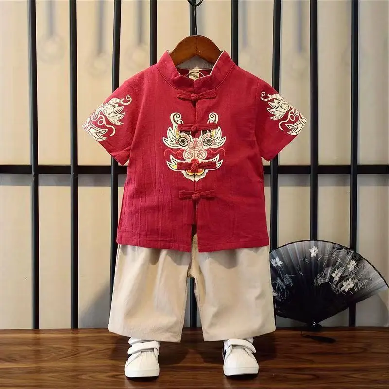 

Summer Chinese Style Cotton Linen Red Dragon Embroidery Tang Suit Boys Girls Fashion Baby New Year Clothes Tai Chi Clothing