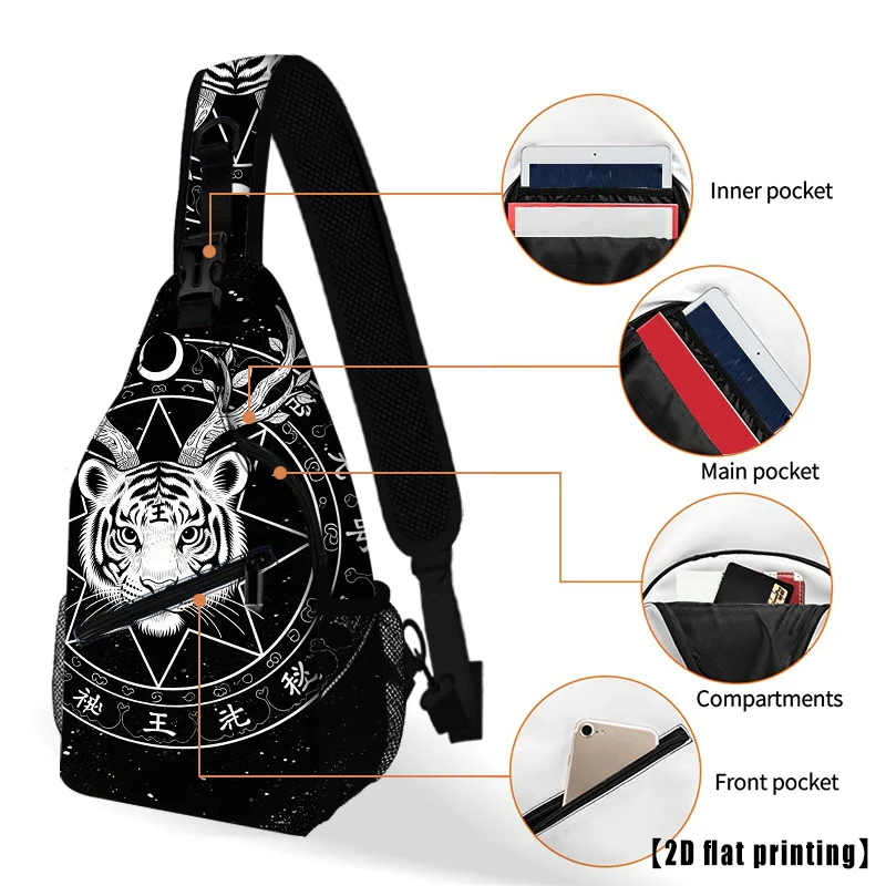 White Tiger Head Pentagram Print Sling Backpack Mystical Tiger King Pattern Crossbody Bag Lightweight Adjustable Chest Daypack