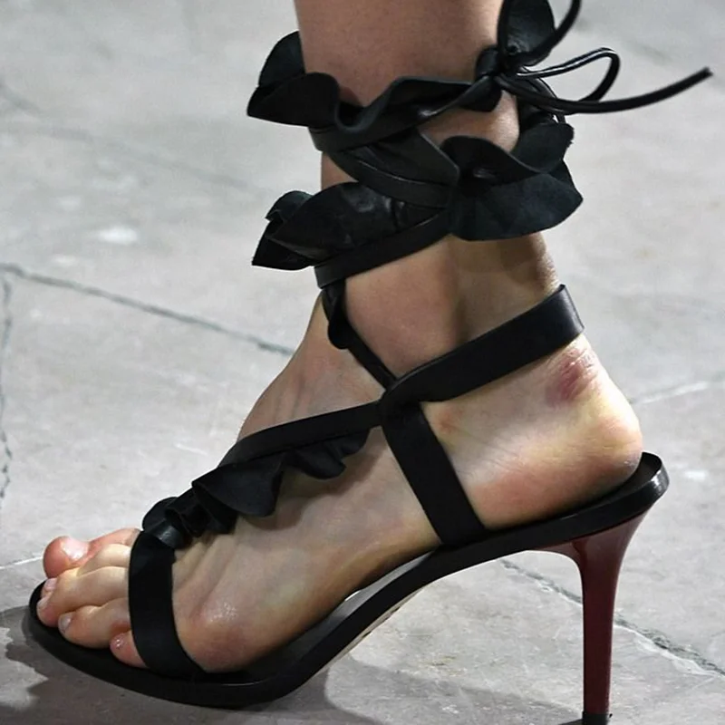 Ruffles Decoration Corss Tied  Sandals Sexy Round Toe Stiletto Matten Leather Ankle Strap New Arrivals Fashion Women Shoes