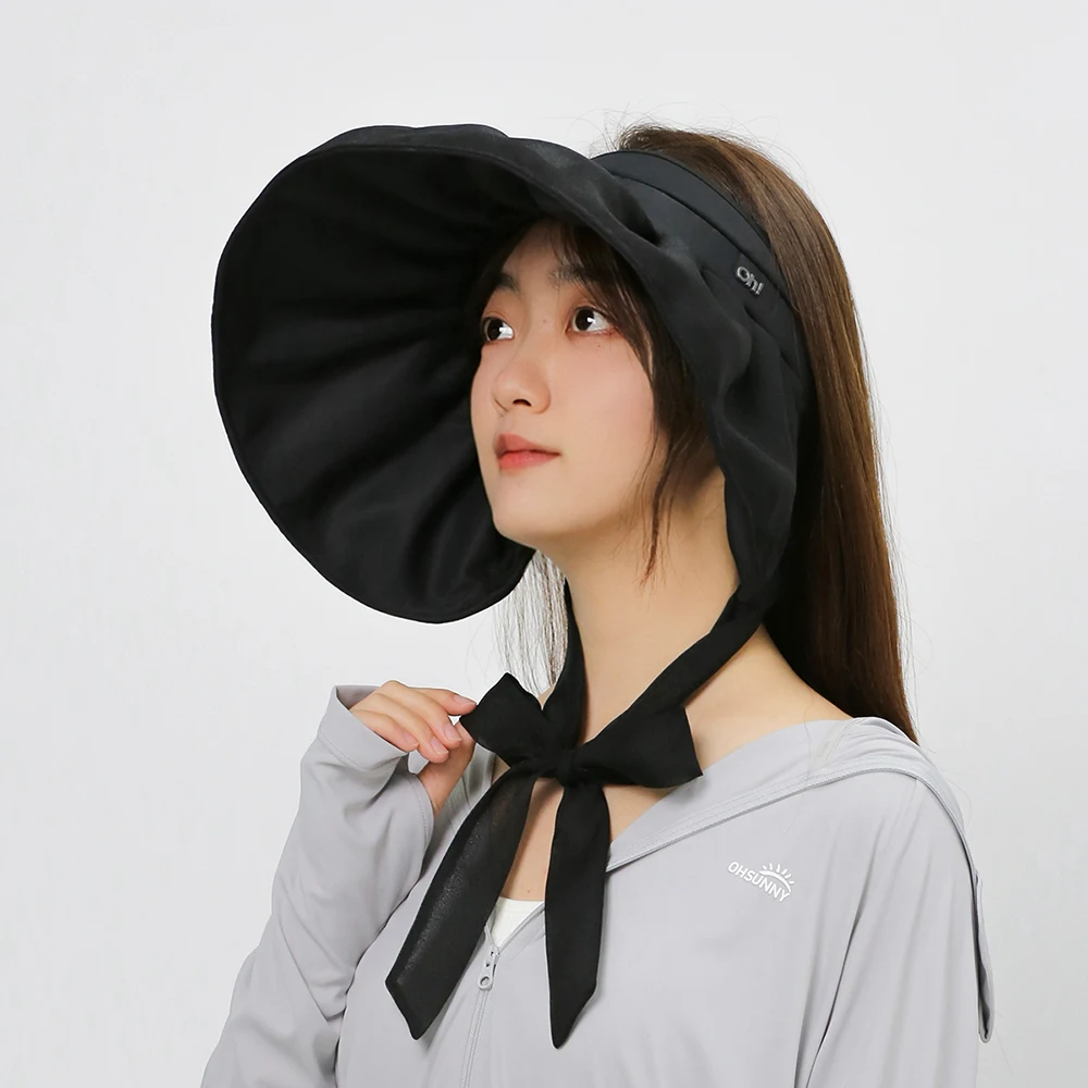 OhSunny Tie Straps Headband Cap Foldable Shell Shape Sunhat Women 2024 Full Face Protection Empty Top Big Brim Anti-UV Beach Hat