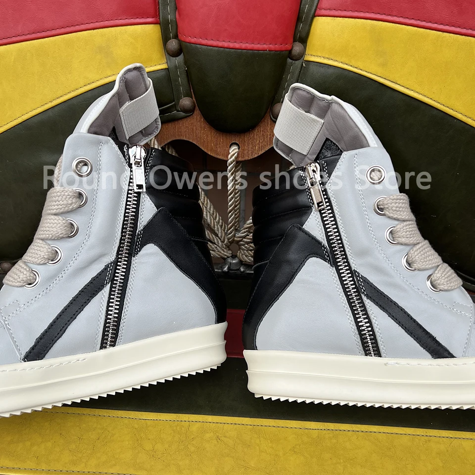 

Men Casual Shoes Grey Black Leather Ankle Boots Outoor High Top Quality Ro Jumbo Lace Up Zip Women Flat Thick Sole Sneakers