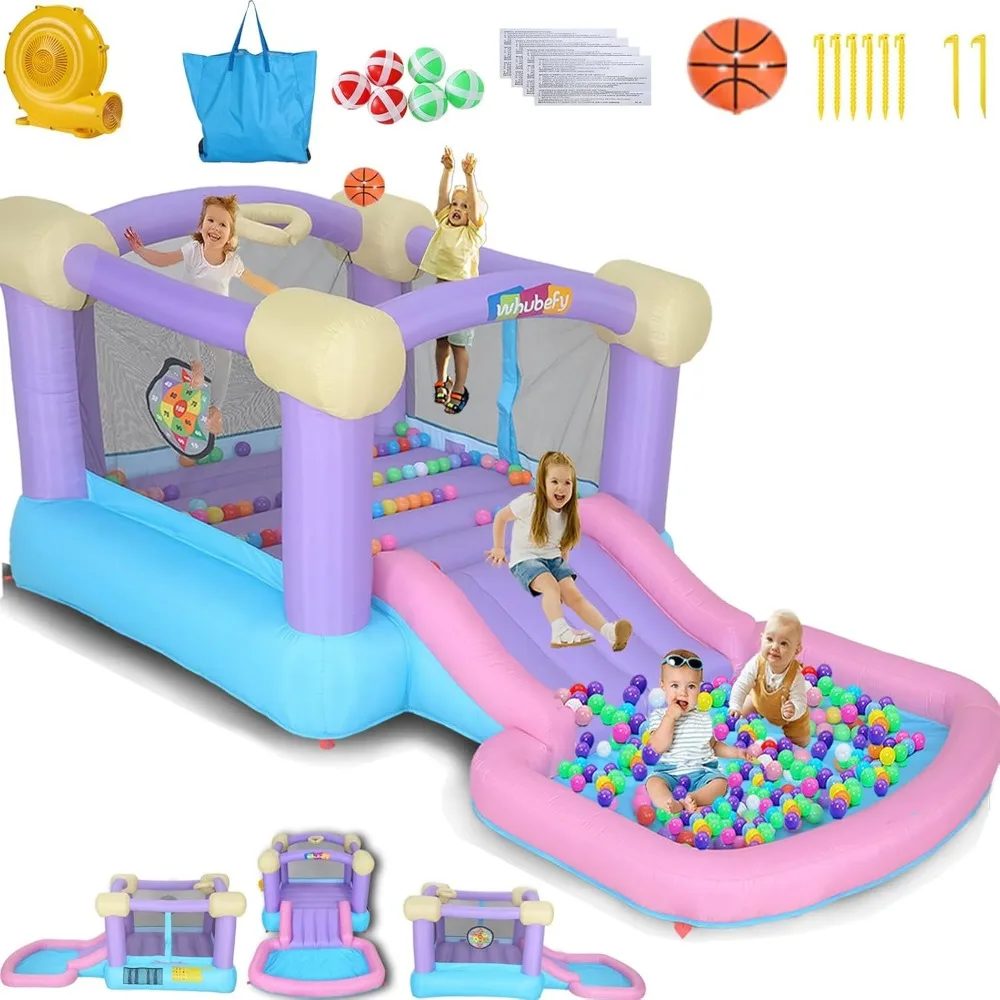 

Whubefy Pink Toddler Bounce House, 161x82x63in Inflatable Castle With Ball Pit, 50 Balls/Air Blower/Basketball Hoop/Target Game,