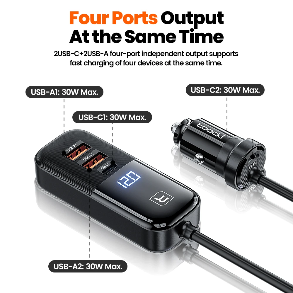 Toocki 4 Ports 120W Car Charger PD Quick Charger QC 3.0 PD 3.0 For iPhone 14 13 12 Samsung Type-C USB Charger USB Phone Charger