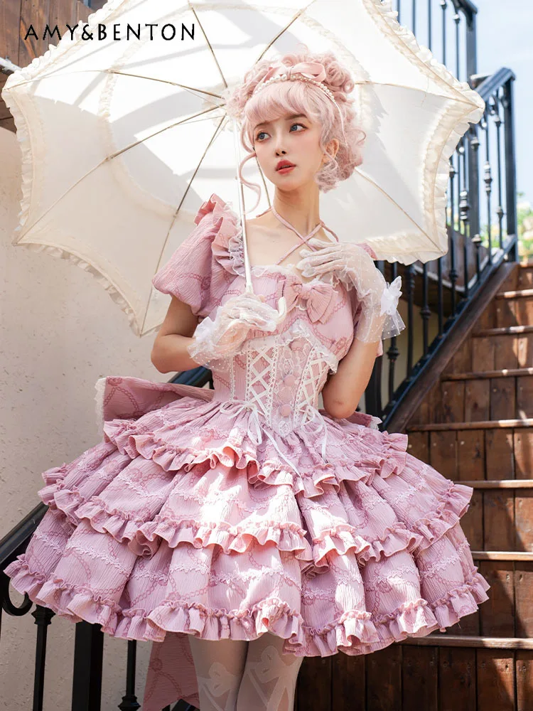

Princess Lolita Dress for Women Japanese Sweet Cute Bow Halter Sexy Mini Dress Kawaii Slim Puff Sleeve Ball Gown Summer Dress