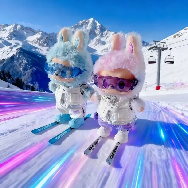 

For New Labubu Dolls Clothes 17cm Ski Suit Double Board Ski Shoes Goggles Fashion Zipper Hoodie 4-Piece Set Accessories Gift