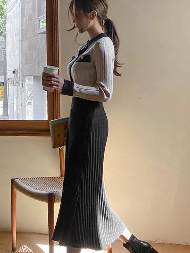 New Korean Fashion Skirt Sets Women Knitted Long Sleeve Sweater Cardigan + Pleated Long Skirt Two Piece Sets Womens Outifits