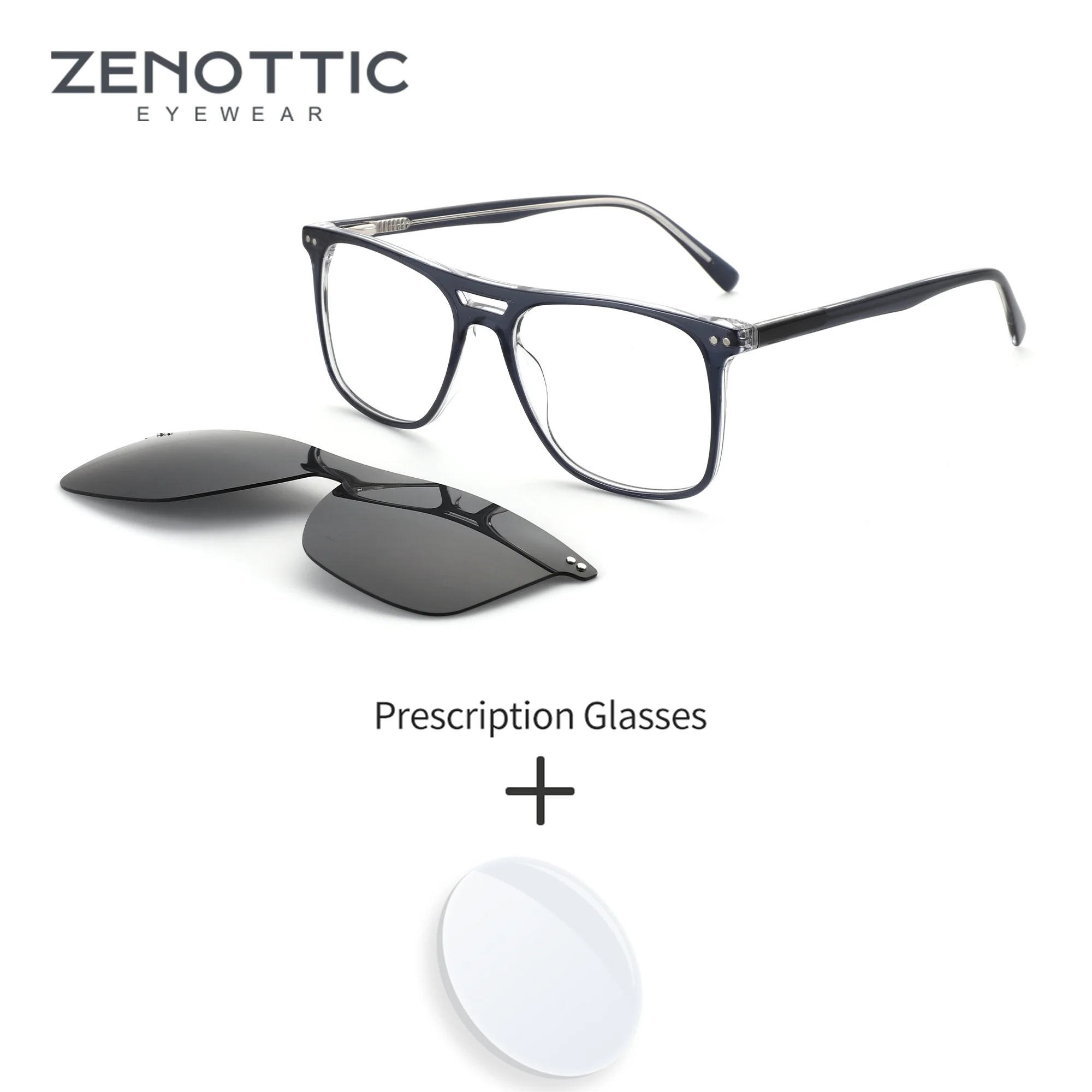Мужские очки ZENOTTIC Clip On S Size с двойной оправой, квадратной формой, из ацетата, с линзами, защищающими от синего света, и поляризационными линзами, с диоптриями.
