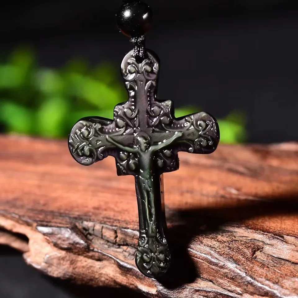 

Natural Color Obsidian Jesus Cross Pendant Necklace Charm Jewellery Accessories Hand-Carved Amulet Man Luck Gift Sweater Chain