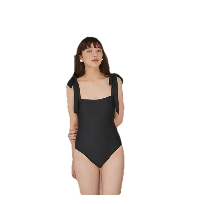 Korean New Swimsuit Women Retro Thailand Vintage Black Simple One-piece Swimsuit Women