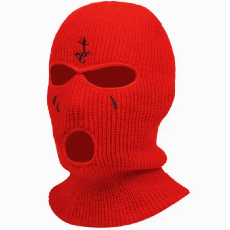 Cross Embroidery Ski Mask Winter Balaclava Hat 3-Hole Knitted FullFace Cover Ski Neck Gaiter Warm Knit Beanie For Qutdoor Sport