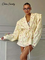 Fashion Printed Women's Blazer Coat Loose Lapel Long Sleeve Lace Up One Button Jacket Female 2025 Spring All-match Streetwear