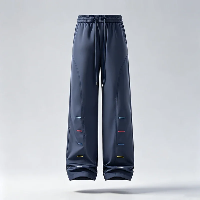 Mens Wide Leg Sport Trousers Elastic Waist Drawstring Loose Cut Lightweight Fabric Decor Stitch Detail Casual Street Pants
