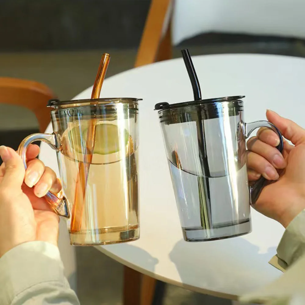 

450ml Straw Glass Coffee Cup With Lid And Handle Drink Cup Transparent Fruit Juice Cup Insulated Glass For Office Home Mug