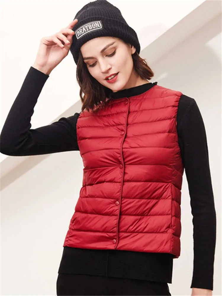 Fashion White Duck Down Vest Jacket Women's Fall Winter Simple Collarless Sleeveless Solid Single Breasted Inner Down Coat