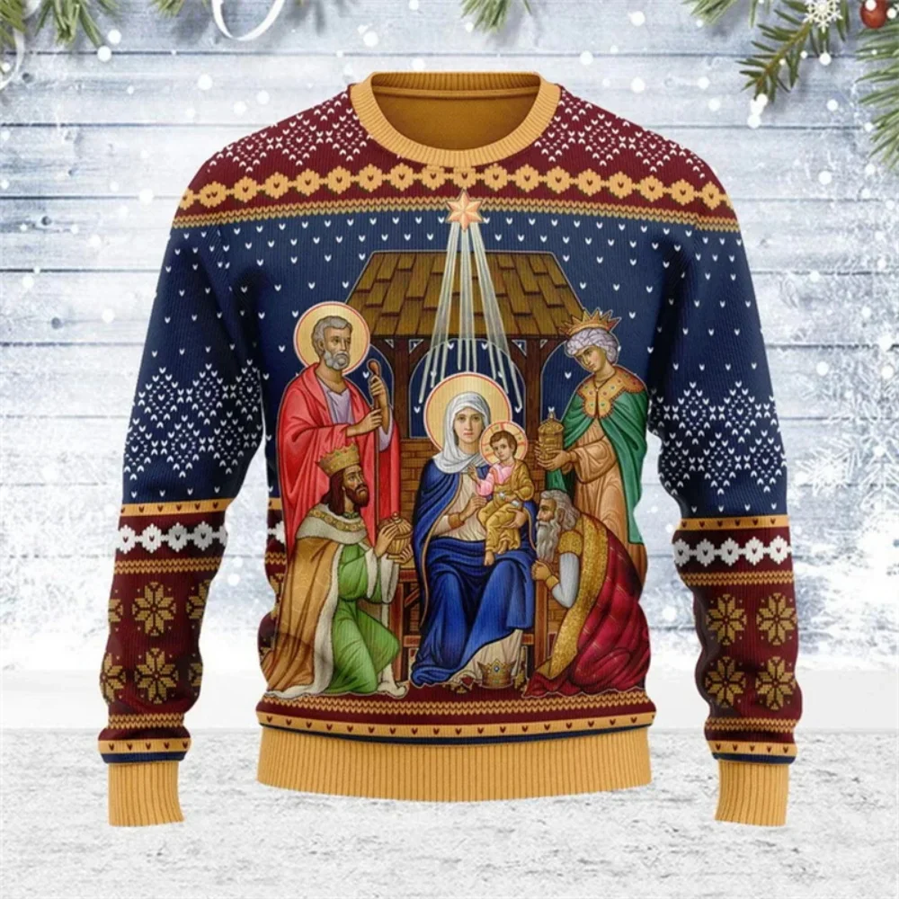 Nativity Scene Ugly Christmas Sweater 3D Print Crewneck Pullover Unisex Men Women Religious Xmas Holiday Party Sweatshirt Gift