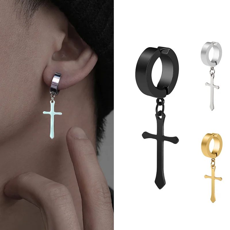 Fashion Titanium Steel Cross Ear Clip Earrings For Men Women Stainless Steel Punk Black Single Earring Fake Earrings Jewelry