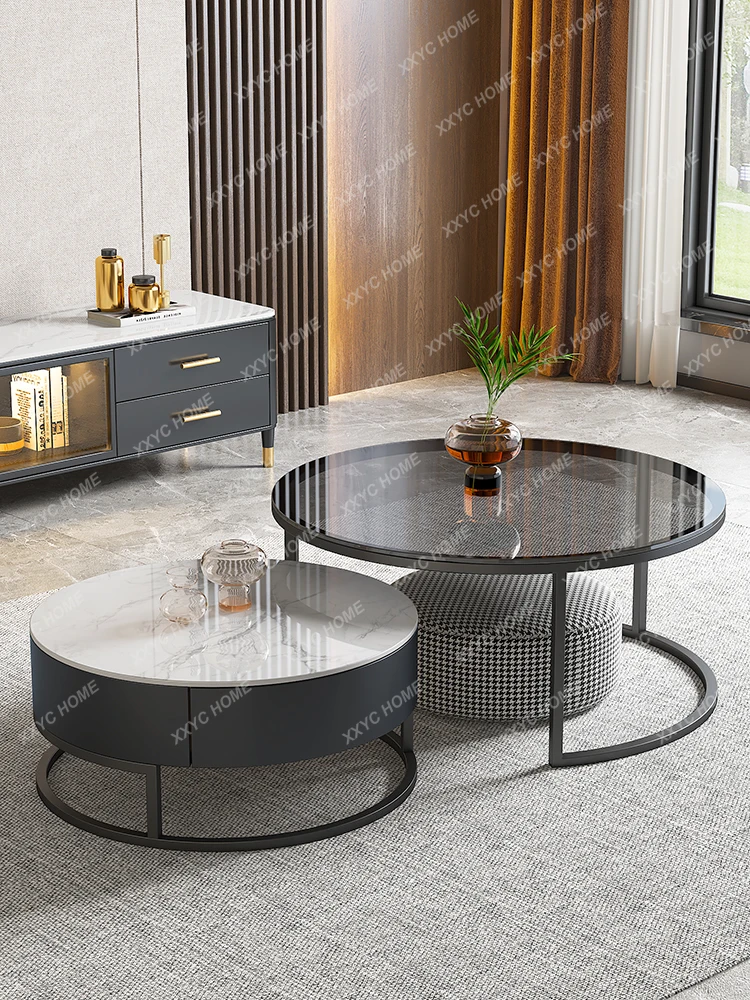 Stone Plate round Tea Table Modern TV Cabinet Unit Simple Italian Tempered Glass Living Room Home