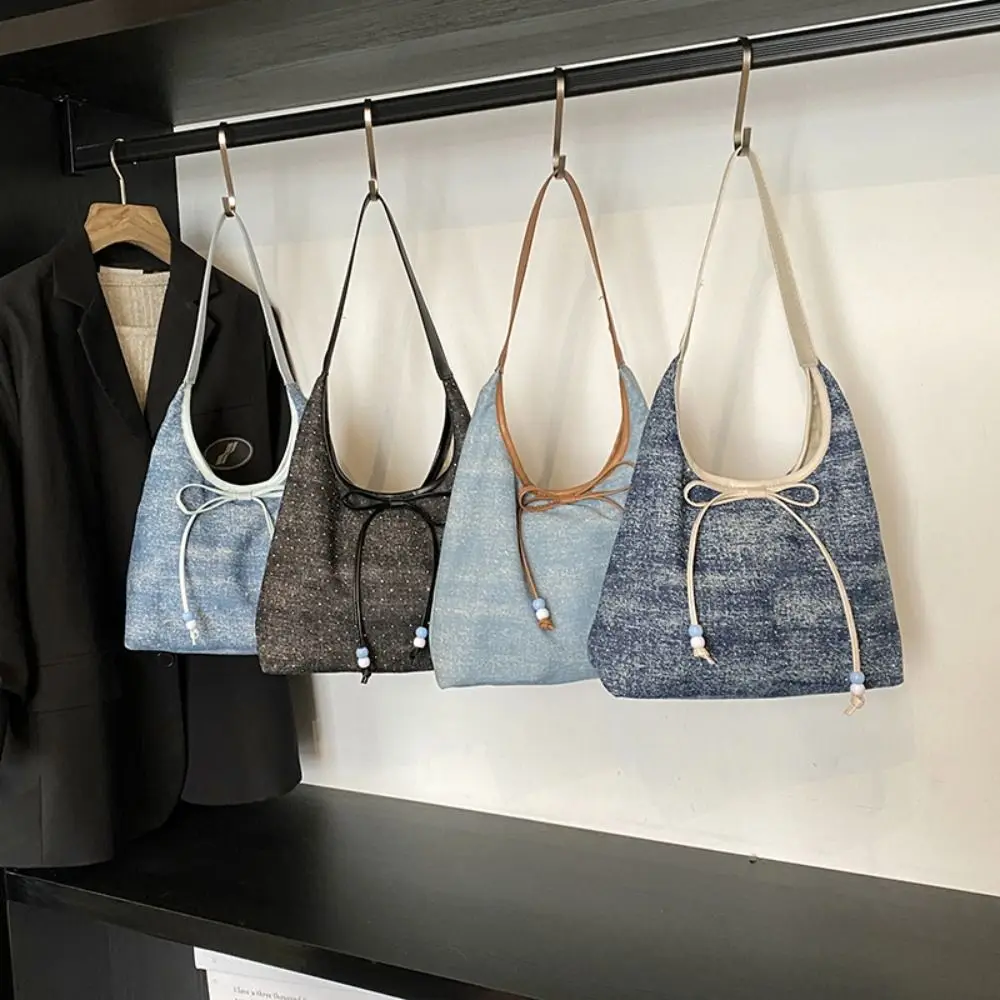 Простая универсальная джинсовая сумка подмышечника, повседневные сумки на плечо с бантом большой емкости, тканевая холщовая сумка для отдыха, женская большая сумка