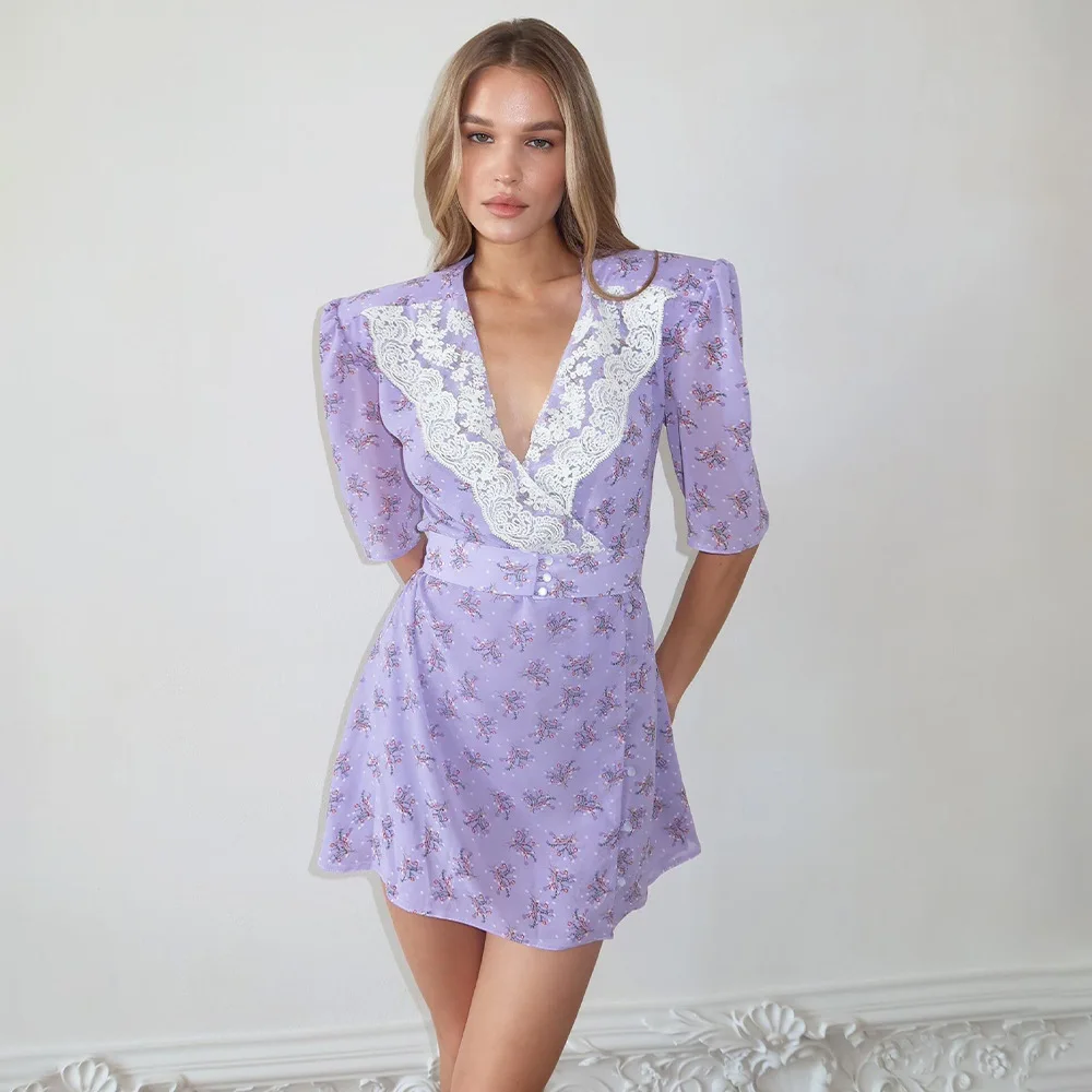 Patchwork V-neck Lace Women Dress Purple Short Sleeve Print Floral Dress Female Autumn Slim Elegant Party Club Dress