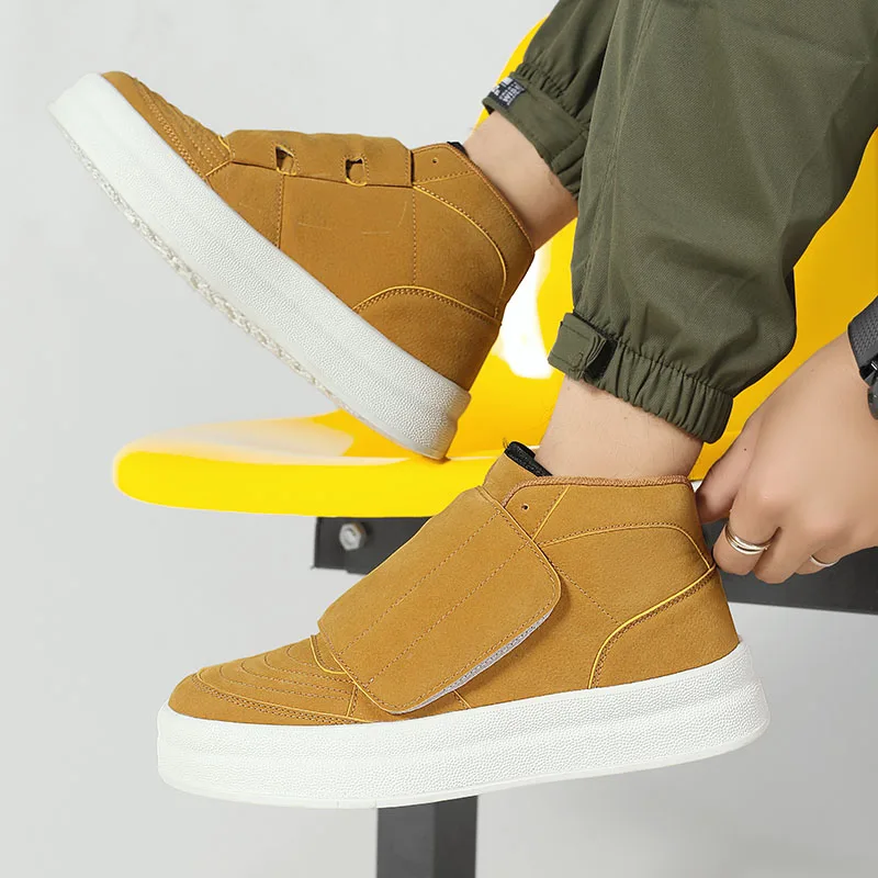 New Yellow Suede Leather Shoes For Men Size 45 Fashion Hook and Loop Platform Sneakers Men Autumn Men\'s High top Casual Shoes