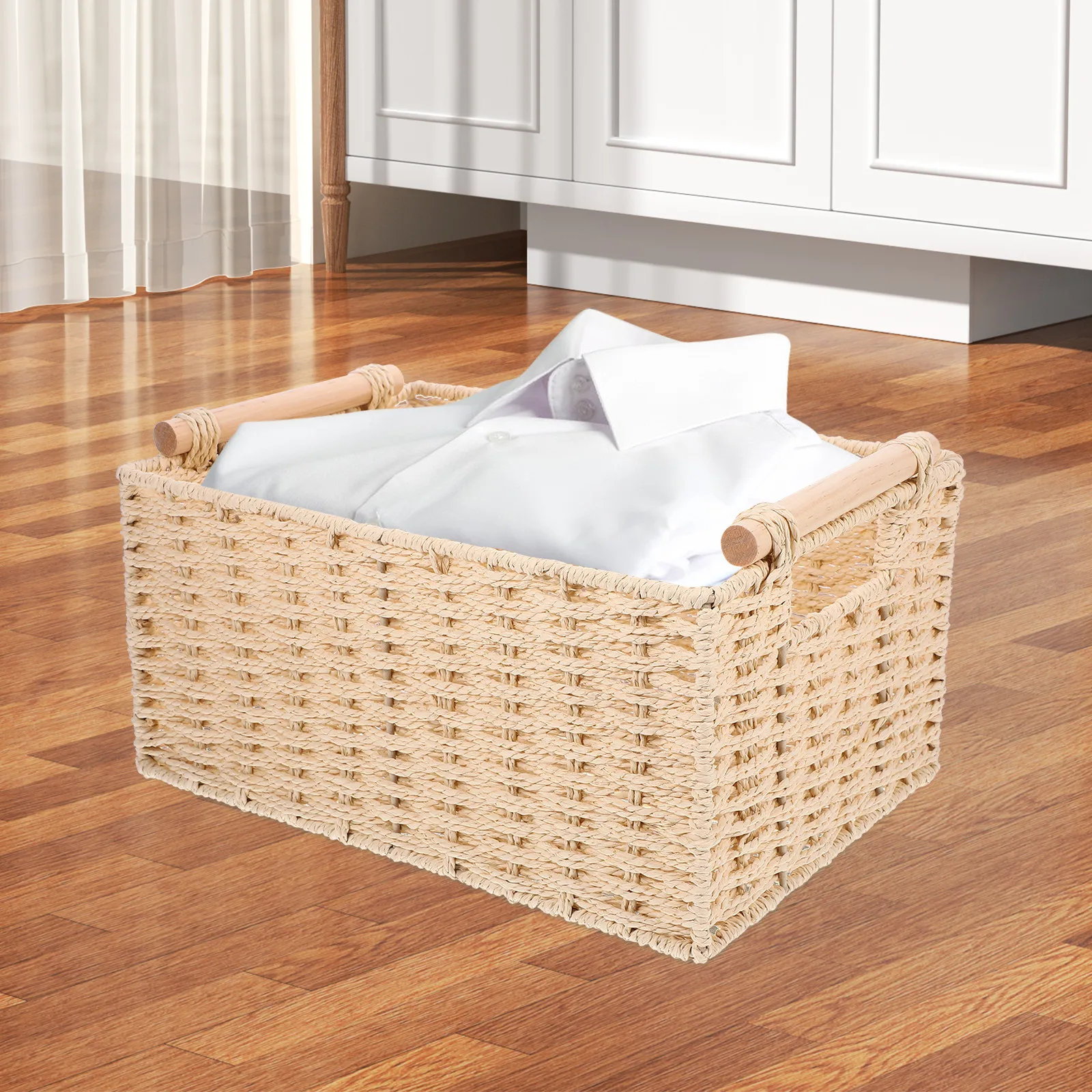 

Woven Storage Basket Wooden Handle 31x23x15CM Multi functional Home ganizer for Desktop Clothes Toys Cloth Lined Space