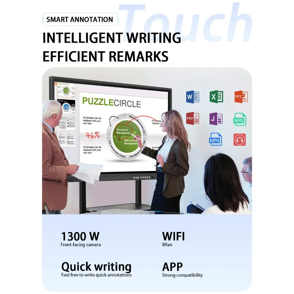 سبورة بيضاء تفاعلية تعمل باللمس 4K مقاس 65 بوصة، نظام التشغيل المزدوج Android 13 وWindows، 4+32GB، للفصول الدراسية الذكية واجتماعات المؤتمرات