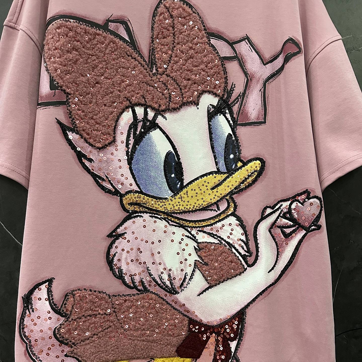 2025 Autumn New Heavy Industry Flocking Embroidery Cartoon Short Sleeve T-Shirt for Women Loose Casual Sweet Style Pink Top