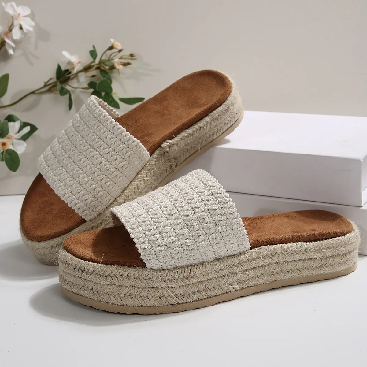 

Handwoven Jute Platform Sandals Women - Crisscross Braided Straps & Textured Cork Footbed Natural Fiber Summer Slides for Beach