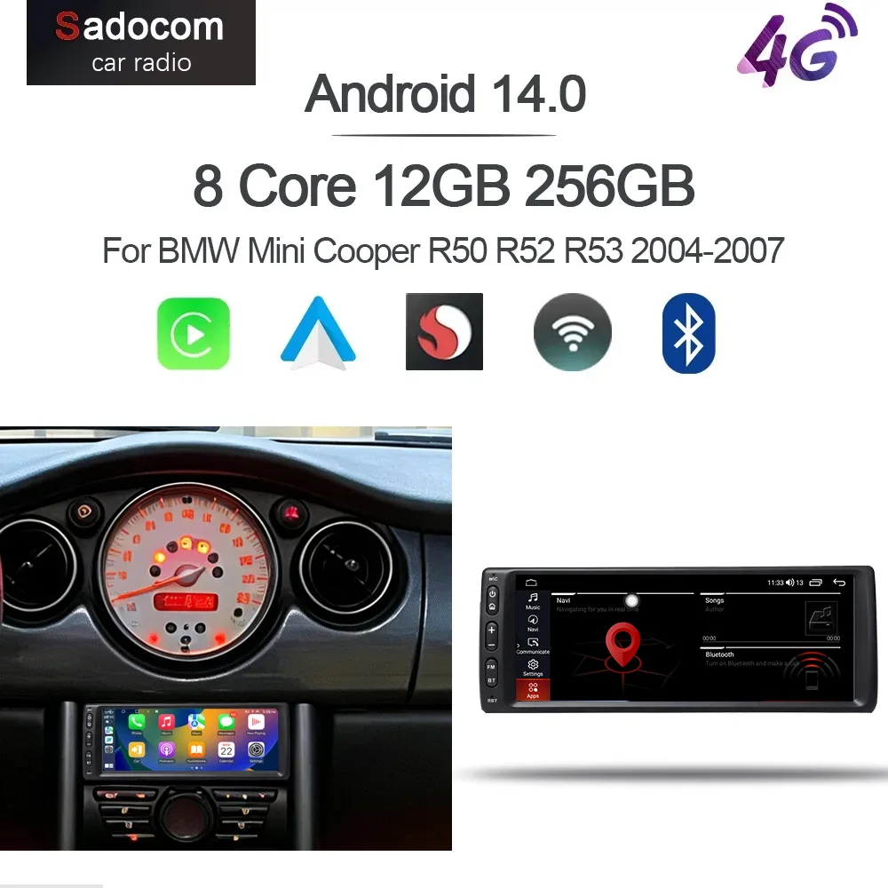 Radio para Auto con Carplay Inalámbrico, DSP, 8GB, 128GB, Pantalla de 7 Pulgadas, Android 14.0, Reproductor Multimedia con Navegación para BMW Mini Cooper R50 R52 R53 2004-2007