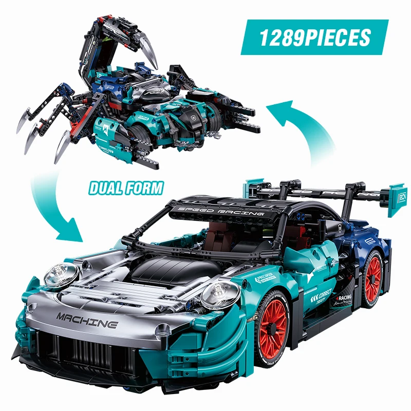 2 In 1 Building Block Set 1:14 Scale Race Car and Scorpion Robot Model 1289 Pieces DIY Bricks Puzzle Collectible Toy for Kids