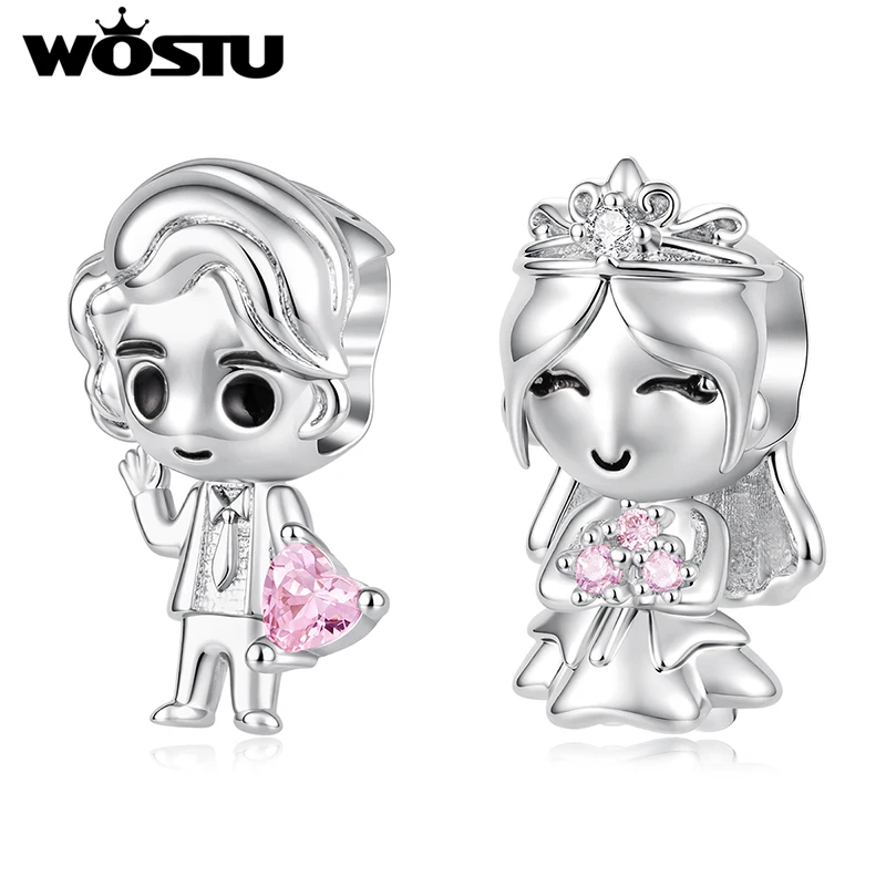WOSTU Wedding Jewelry Gift Bride & Groom Beads Original Character Charms Fit DIY Bracelet Necklace Wholesale Platinum Plated