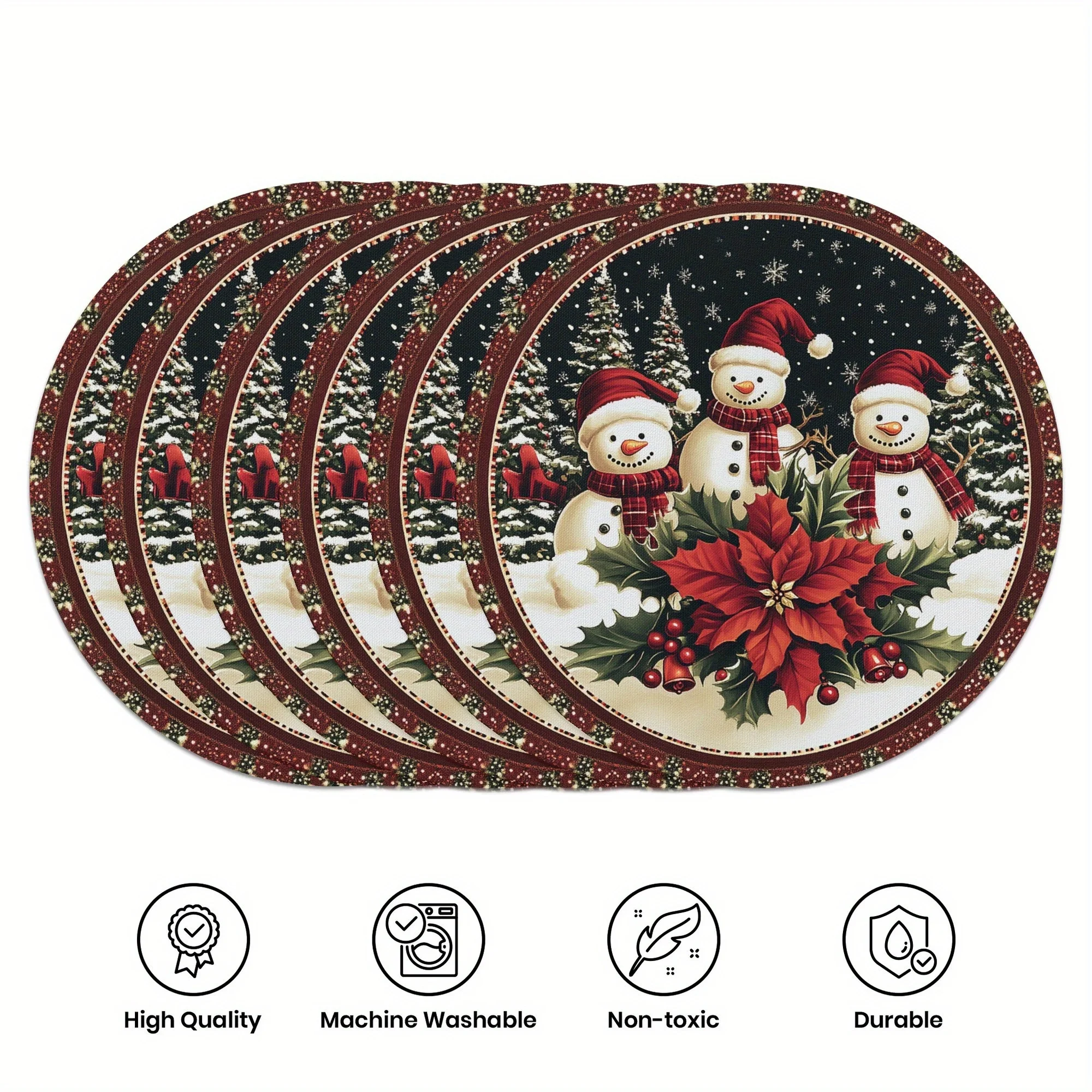 VIKAMA Round Placemats 4pcs Snowman Santa Hat Poinsettia Snowy Night Table Mats Cozy Holiday Dining Table Decor Dinner Party