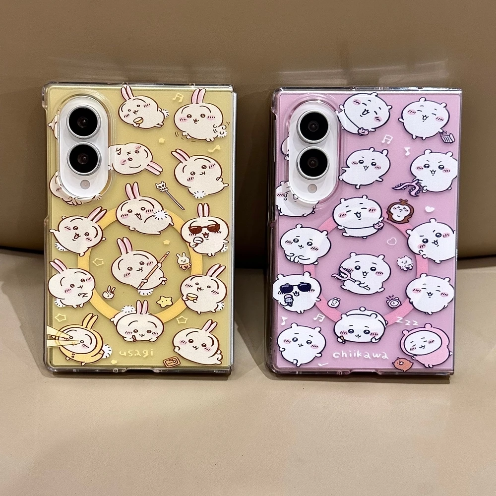 Cute Chiikawa Usagi Hachiware Magnetic Holder Magsafe Wireless Charge Phone Case For Samsung Galaxy Z Fold 8 7 6 5 4 Hard Case