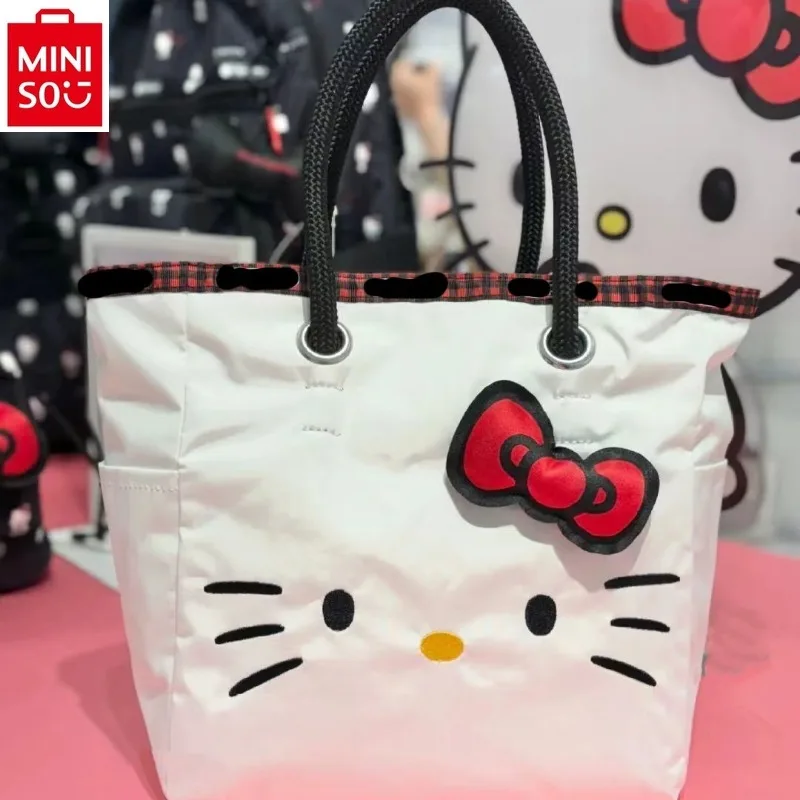 MINISO 2024 Fashion New Embroidered Hello Kitty Cartoon Printed Tote Bag for Women, High Quality Large Capacity Storage Handbag