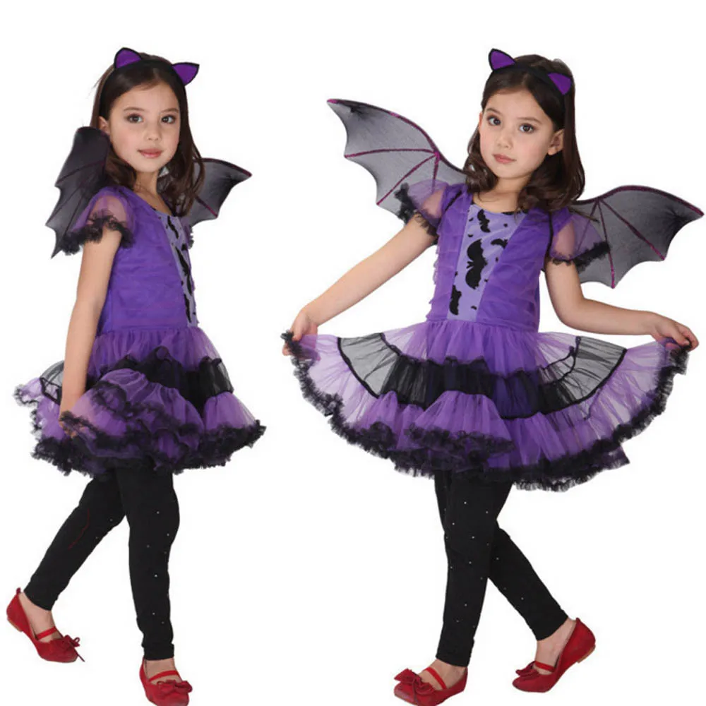 Kids Girls Purple Bat Vampire Princess Dress Fancy Cosplay Costume Witch Clothes With Wing Halloween Role Play Clothing Children