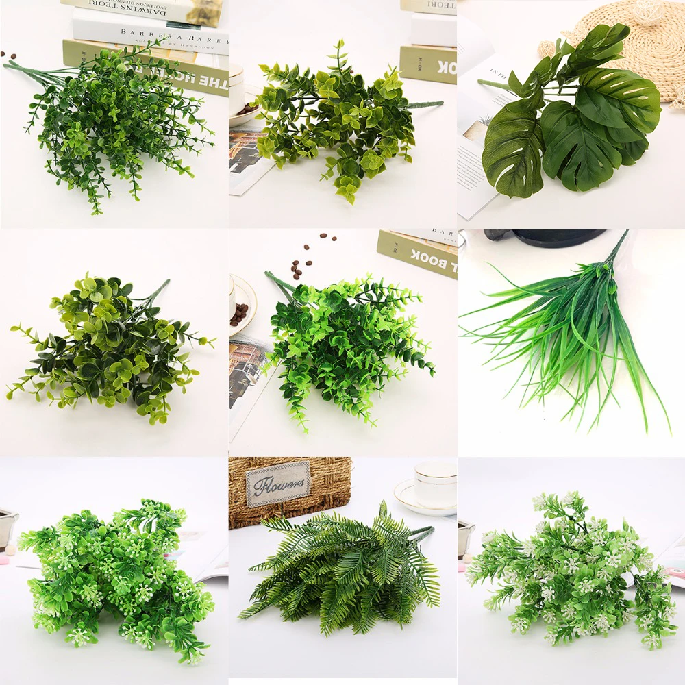 1pc Artificial Flowers with Leaf Green Grass Plastic Plants Fake Leaf Foliage Bush for Home Wedding Decoration Party Supplies