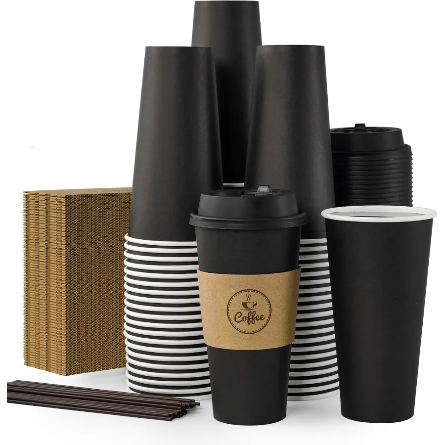 

100 Count 20 oz Black Paper Coffee Cups with Lids Sleeves and Stirrers for Home Office Kitchen Cafes Disposable Hot Paper Cups